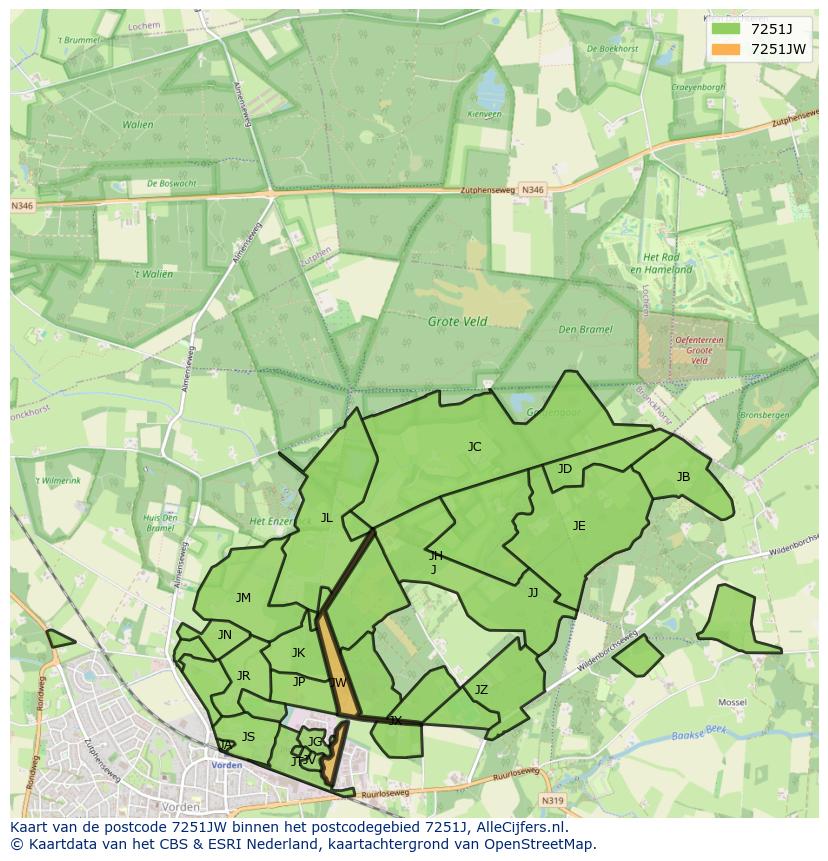 Afbeelding van het postcodegebied 7251 JW op de kaart.