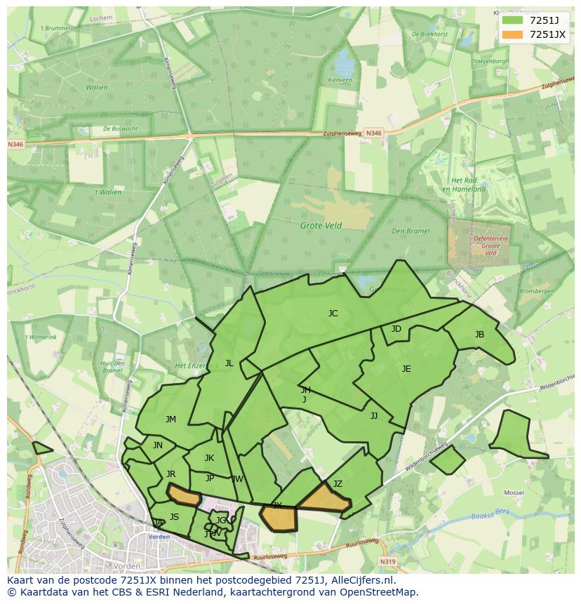 Afbeelding van het postcodegebied 7251 JX op de kaart.