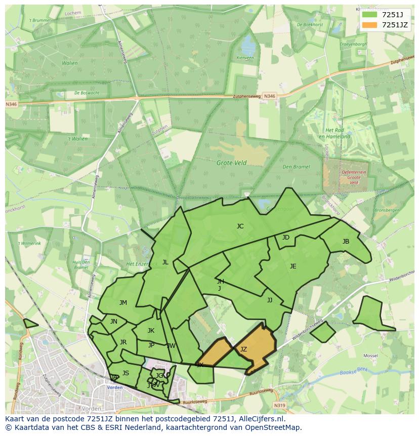 Afbeelding van het postcodegebied 7251 JZ op de kaart.