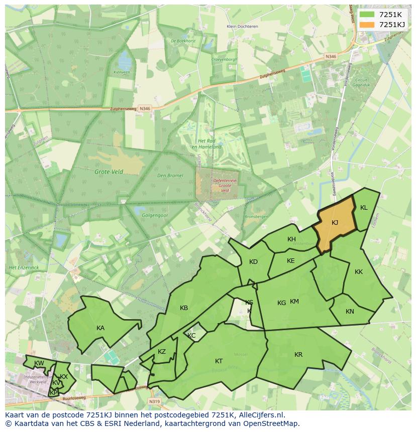 Afbeelding van het postcodegebied 7251 KJ op de kaart.