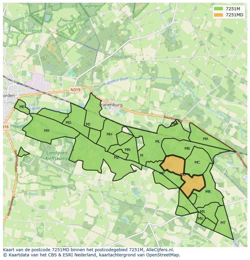 Afbeelding van het postcodegebied 7251 MD op de kaart.