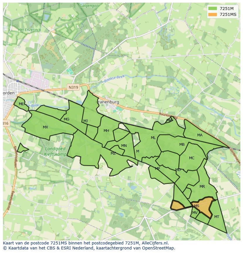 Afbeelding van het postcodegebied 7251 MS op de kaart.
