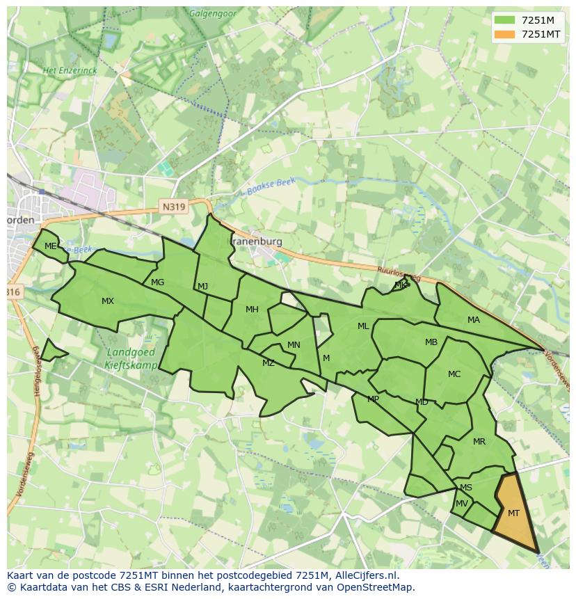 Afbeelding van het postcodegebied 7251 MT op de kaart.