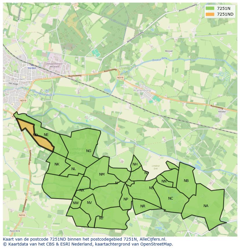 Afbeelding van het postcodegebied 7251 ND op de kaart.