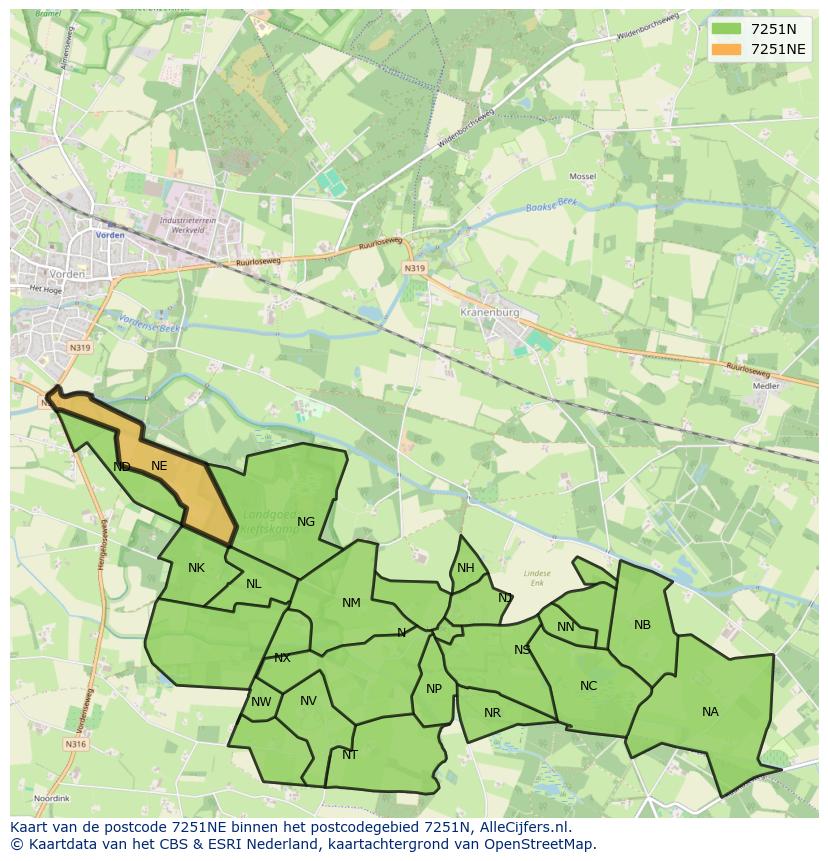 Afbeelding van het postcodegebied 7251 NE op de kaart.