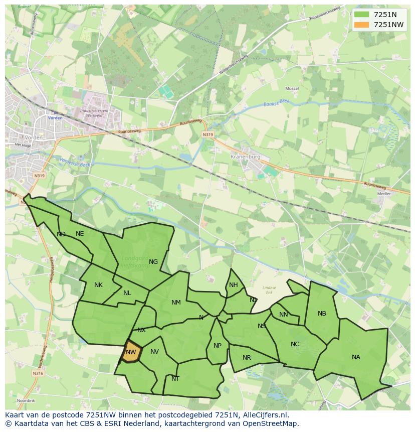 Afbeelding van het postcodegebied 7251 NW op de kaart.