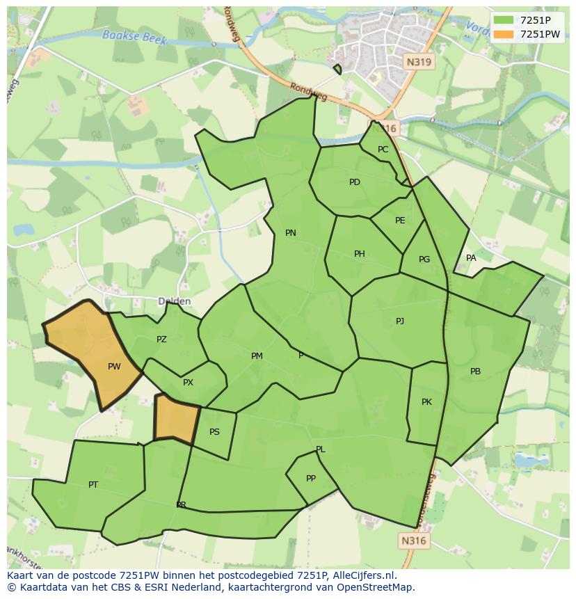 Afbeelding van het postcodegebied 7251 PW op de kaart.
