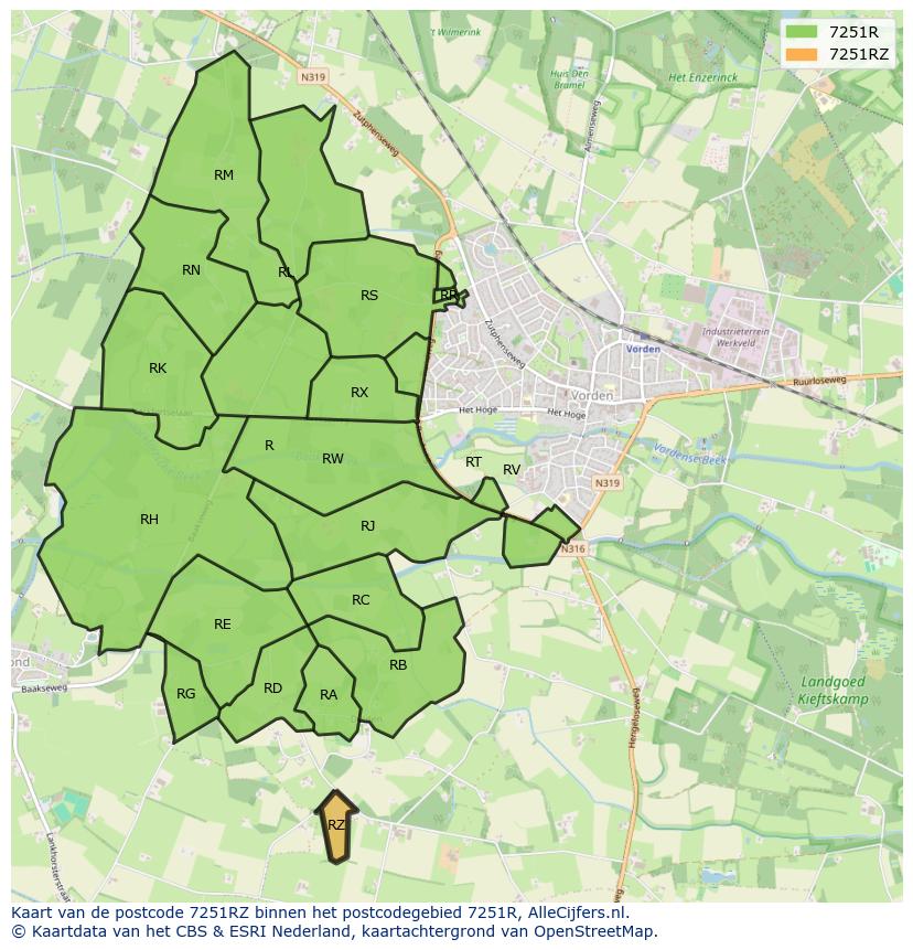 Afbeelding van het postcodegebied 7251 RZ op de kaart.
