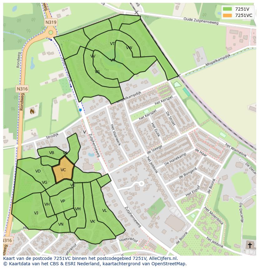 Afbeelding van het postcodegebied 7251 VC op de kaart.