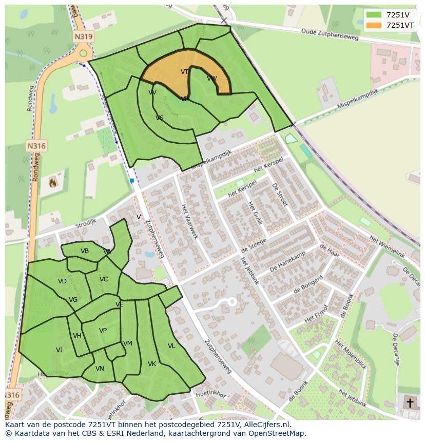 Afbeelding van het postcodegebied 7251 VT op de kaart.