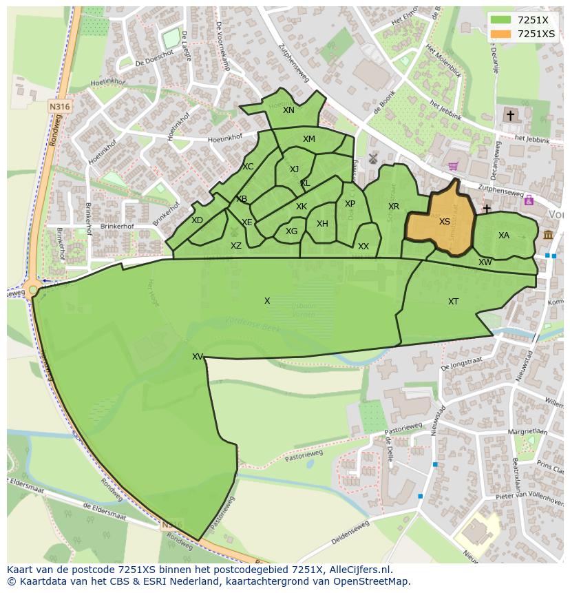 Afbeelding van het postcodegebied 7251 XS op de kaart.