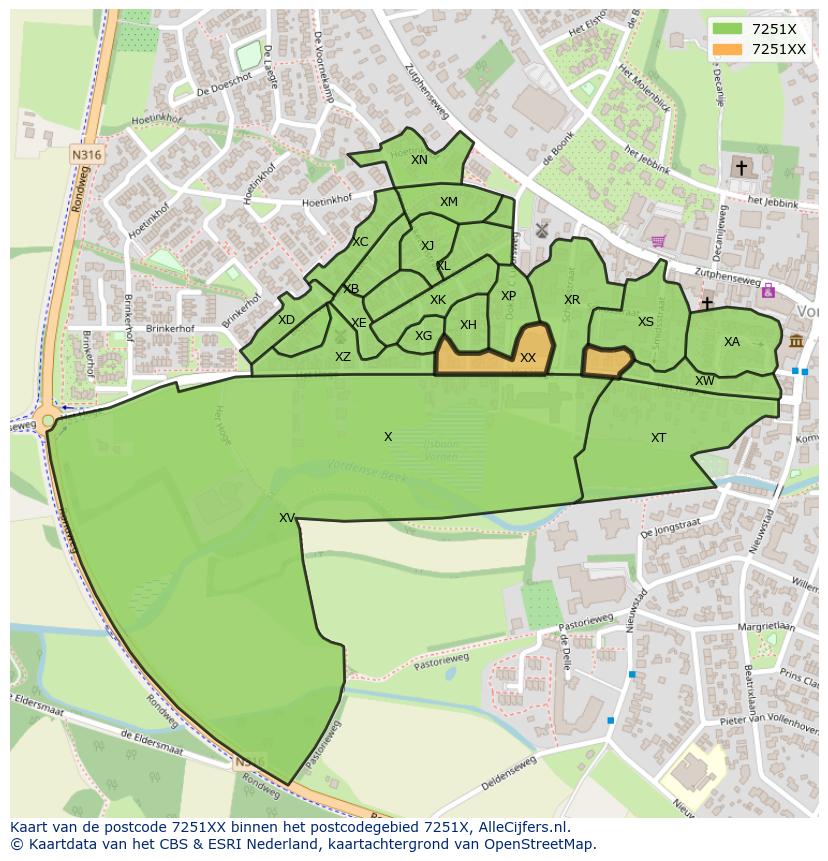 Afbeelding van het postcodegebied 7251 XX op de kaart.