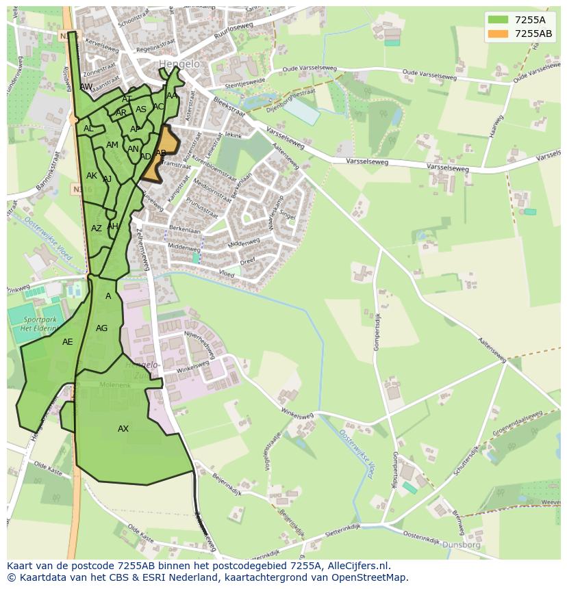 Afbeelding van het postcodegebied 7255 AB op de kaart.