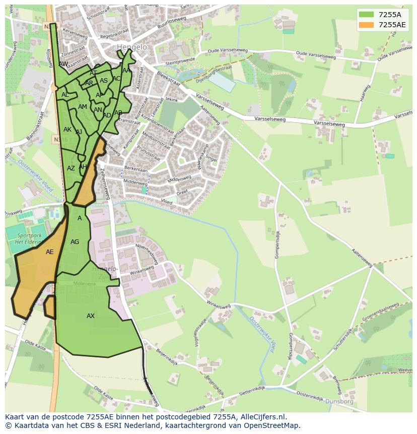 Afbeelding van het postcodegebied 7255 AE op de kaart.