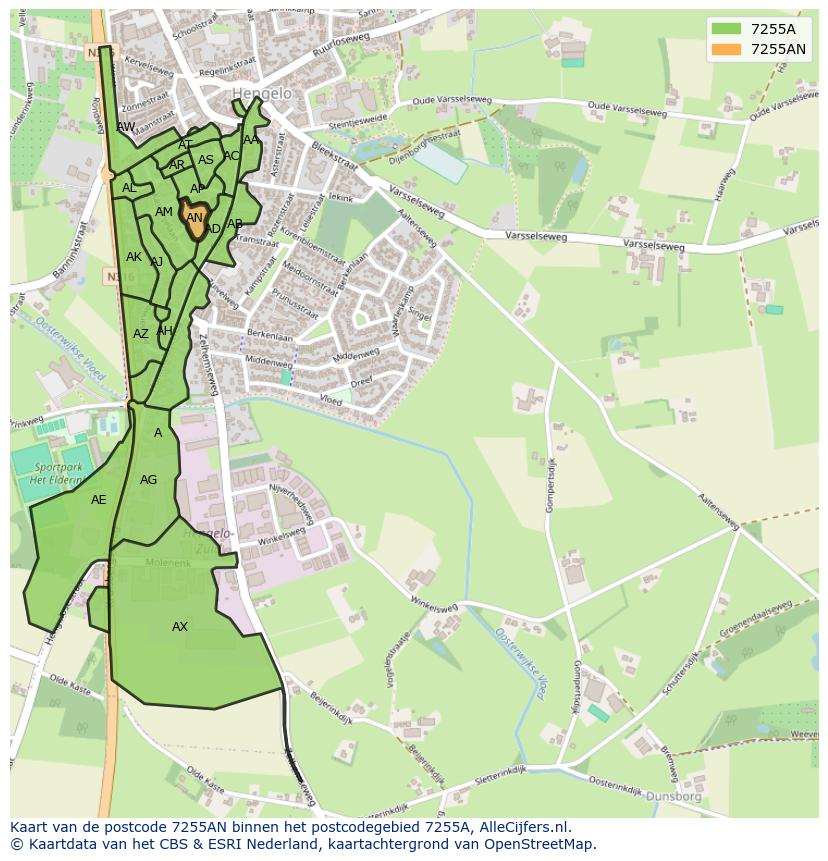 Afbeelding van het postcodegebied 7255 AN op de kaart.
