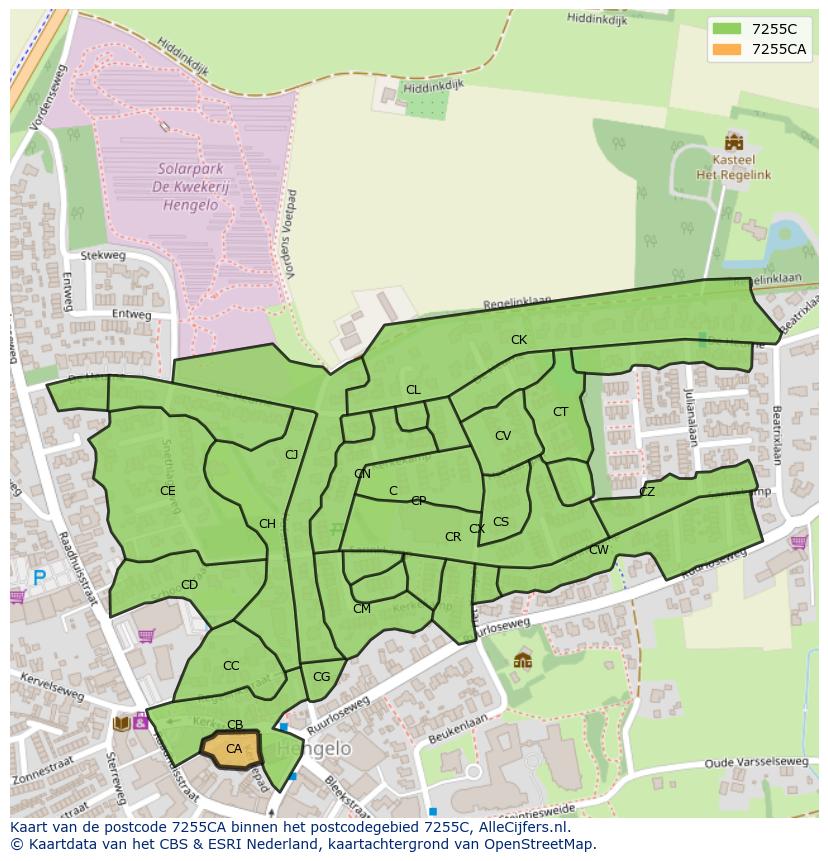 Afbeelding van het postcodegebied 7255 CA op de kaart.