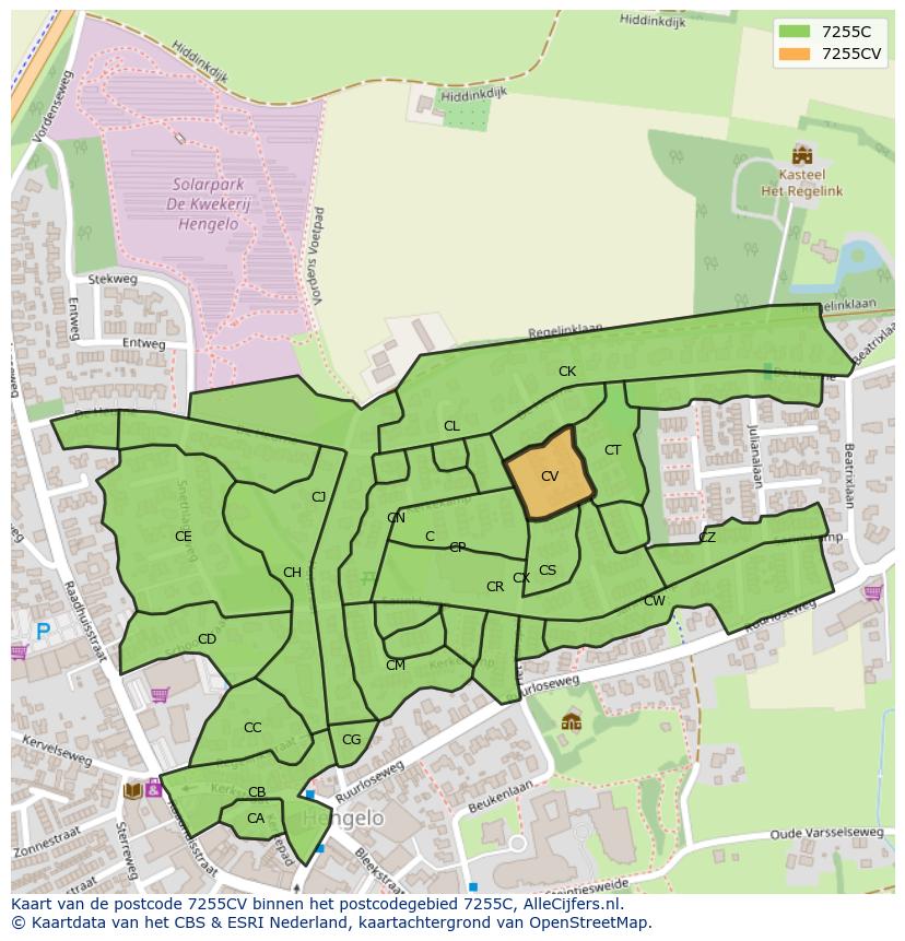 Afbeelding van het postcodegebied 7255 CV op de kaart.