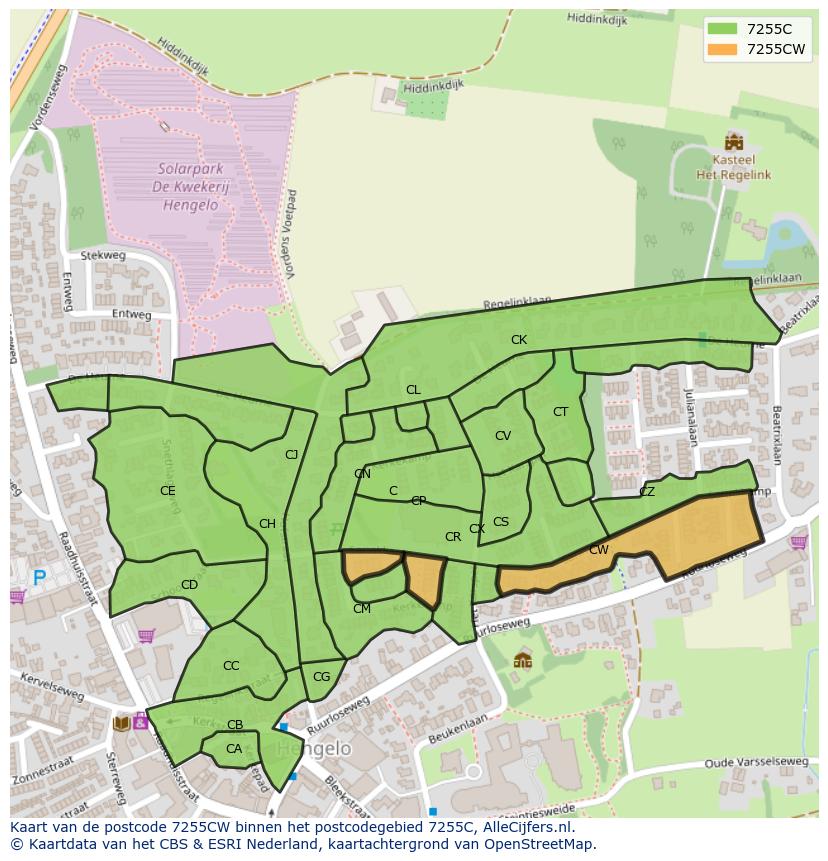 Afbeelding van het postcodegebied 7255 CW op de kaart.