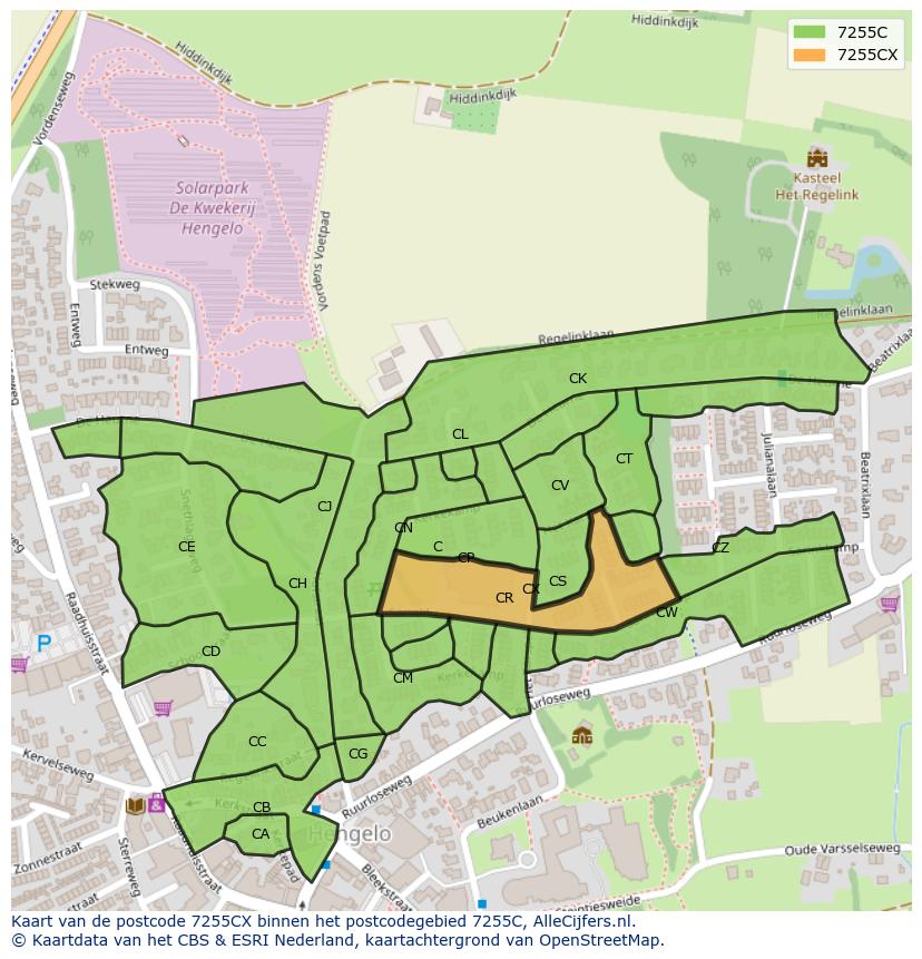 Afbeelding van het postcodegebied 7255 CX op de kaart.