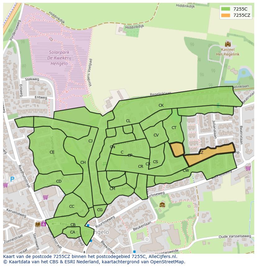 Afbeelding van het postcodegebied 7255 CZ op de kaart.