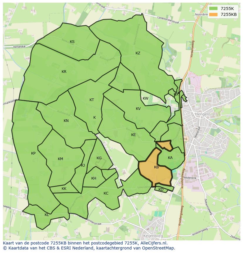 Afbeelding van het postcodegebied 7255 KB op de kaart.