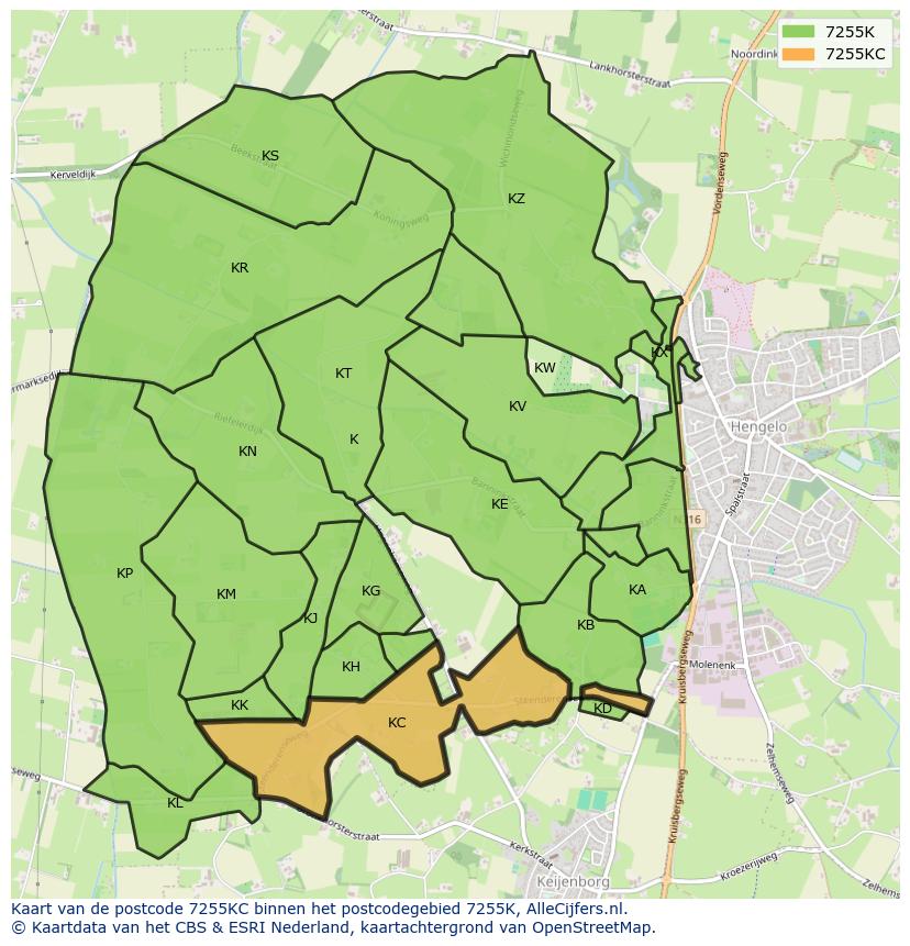 Afbeelding van het postcodegebied 7255 KC op de kaart.