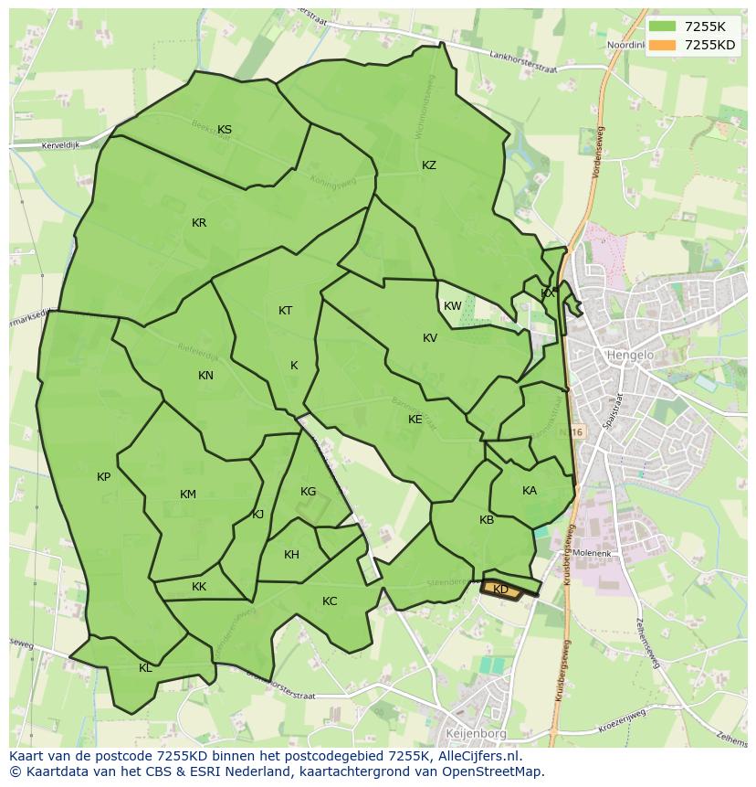 Afbeelding van het postcodegebied 7255 KD op de kaart.