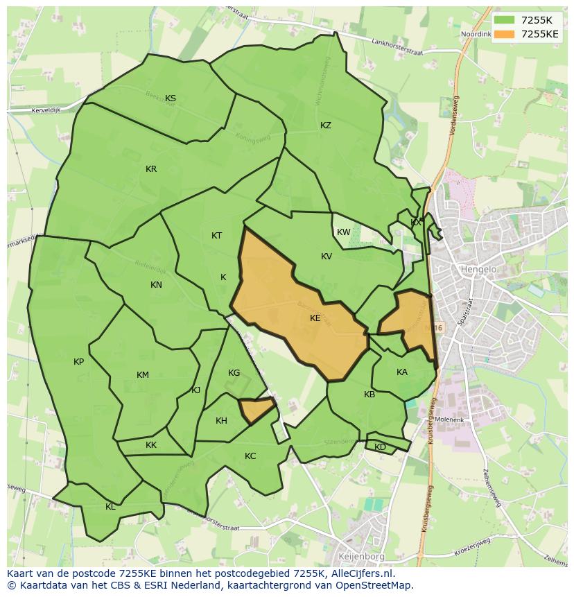 Afbeelding van het postcodegebied 7255 KE op de kaart.