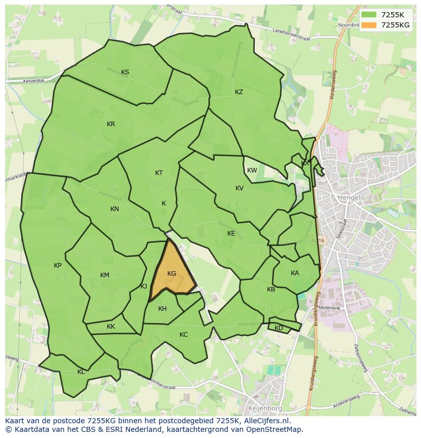 Afbeelding van het postcodegebied 7255 KG op de kaart.