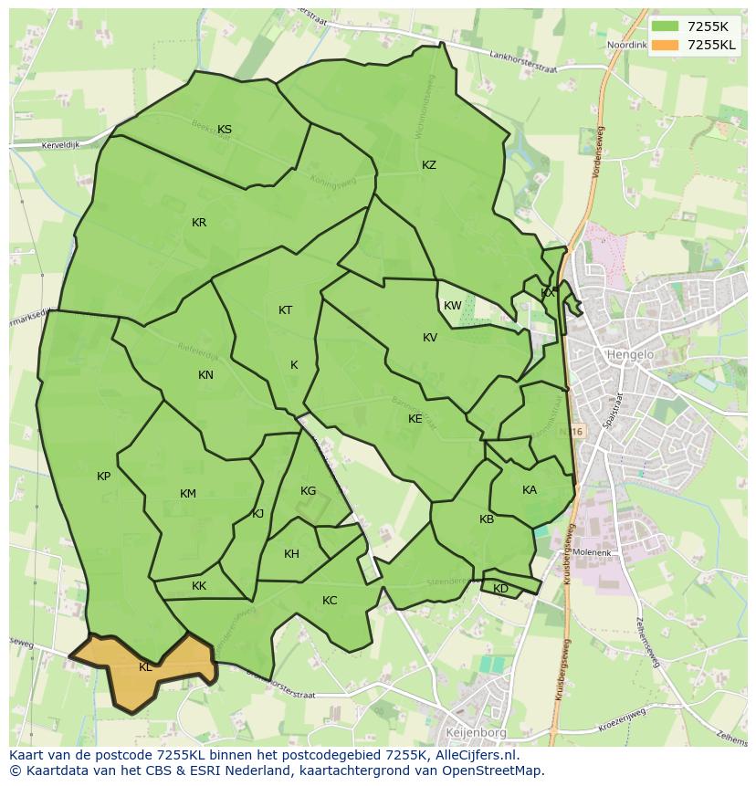 Afbeelding van het postcodegebied 7255 KL op de kaart.