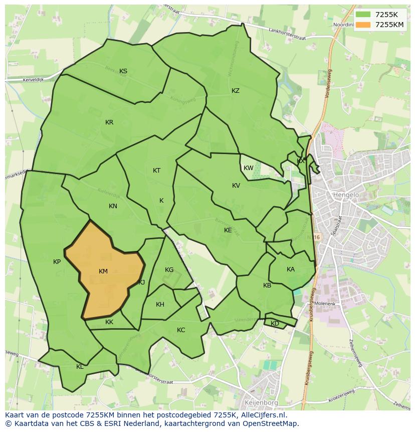 Afbeelding van het postcodegebied 7255 KM op de kaart.