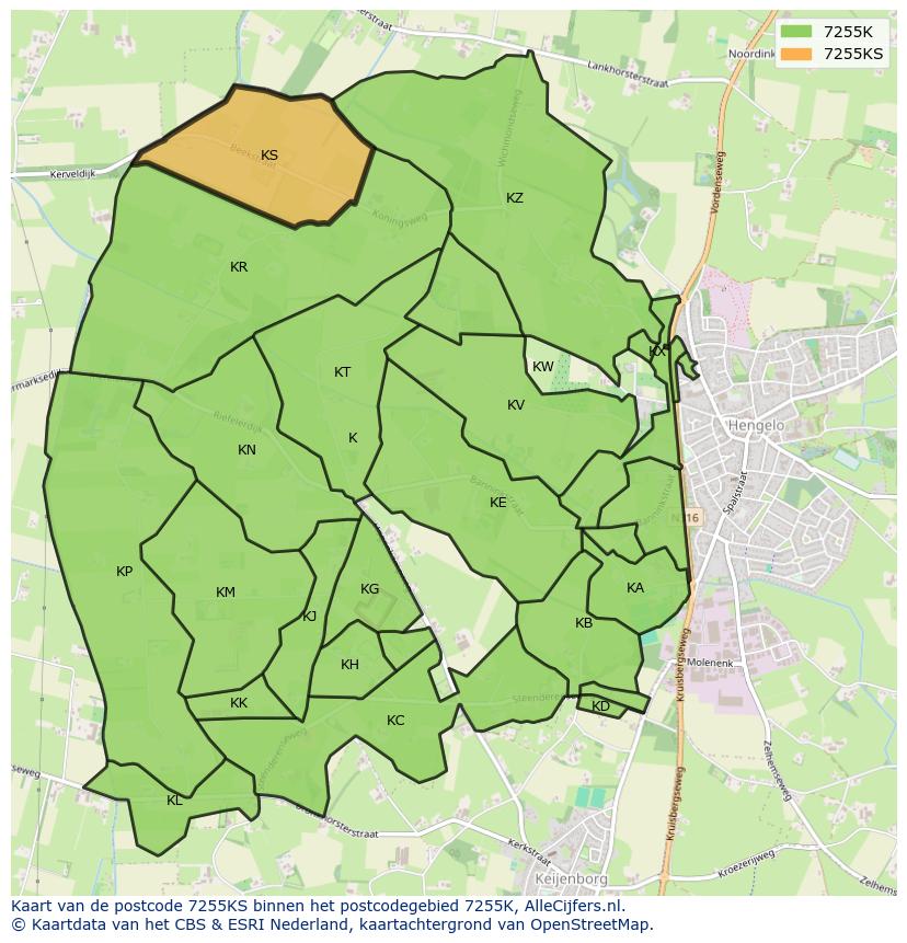 Afbeelding van het postcodegebied 7255 KS op de kaart.