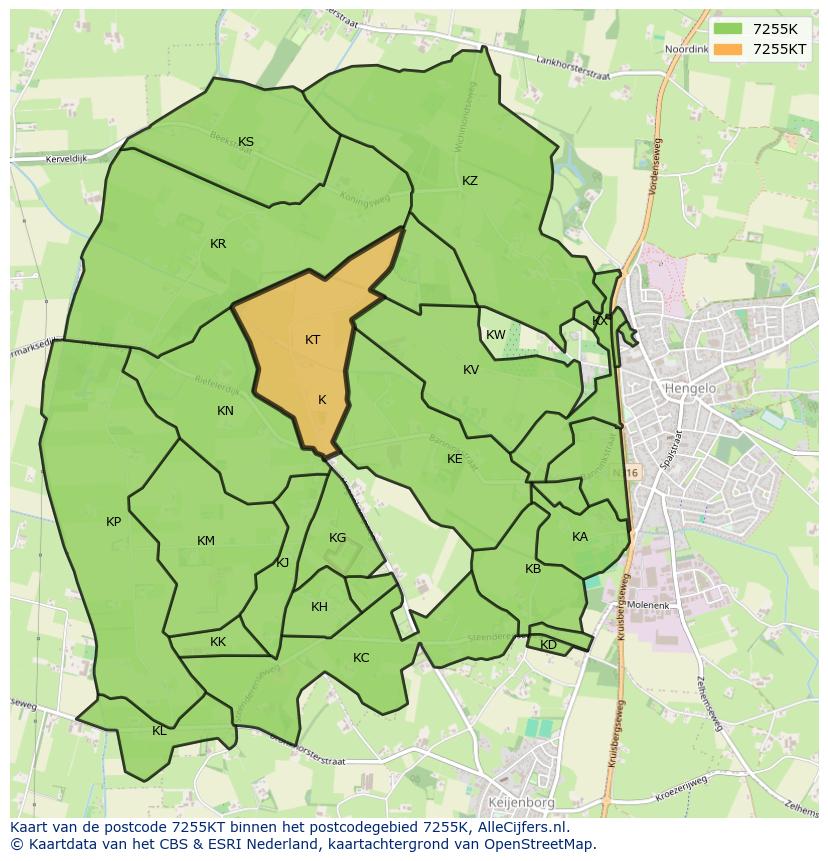 Afbeelding van het postcodegebied 7255 KT op de kaart.