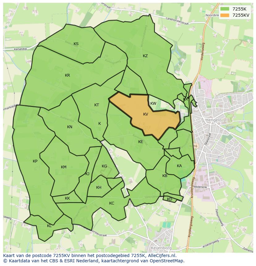 Afbeelding van het postcodegebied 7255 KV op de kaart.