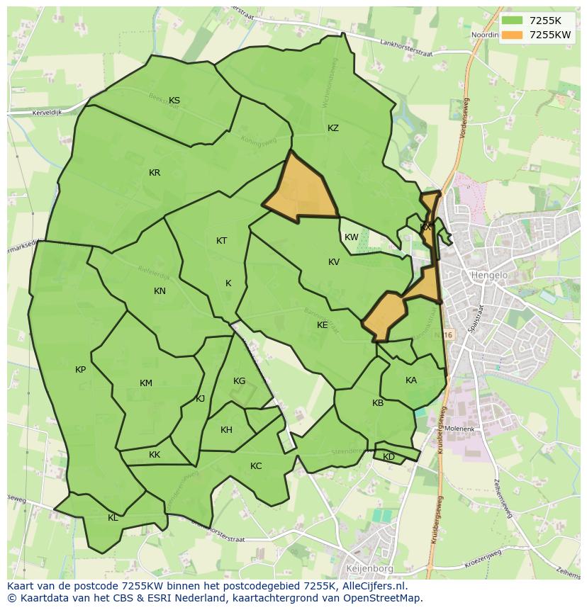 Afbeelding van het postcodegebied 7255 KW op de kaart.