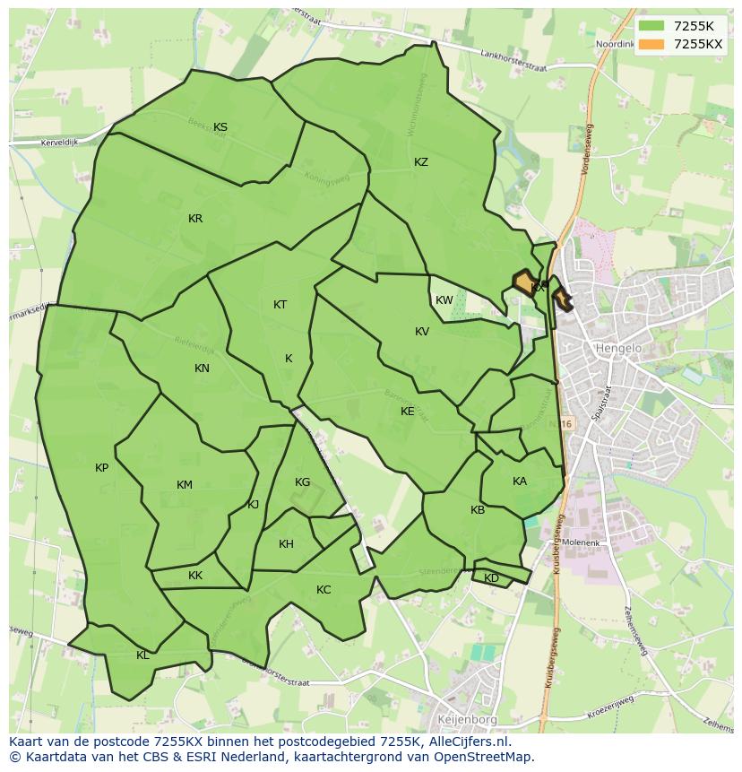 Afbeelding van het postcodegebied 7255 KX op de kaart.