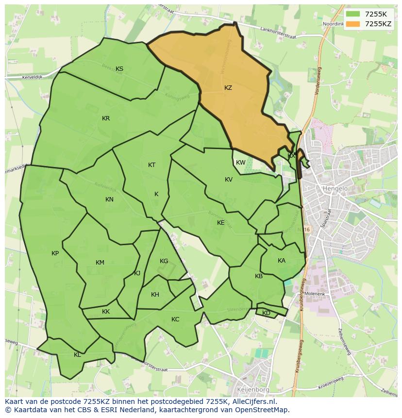 Afbeelding van het postcodegebied 7255 KZ op de kaart.