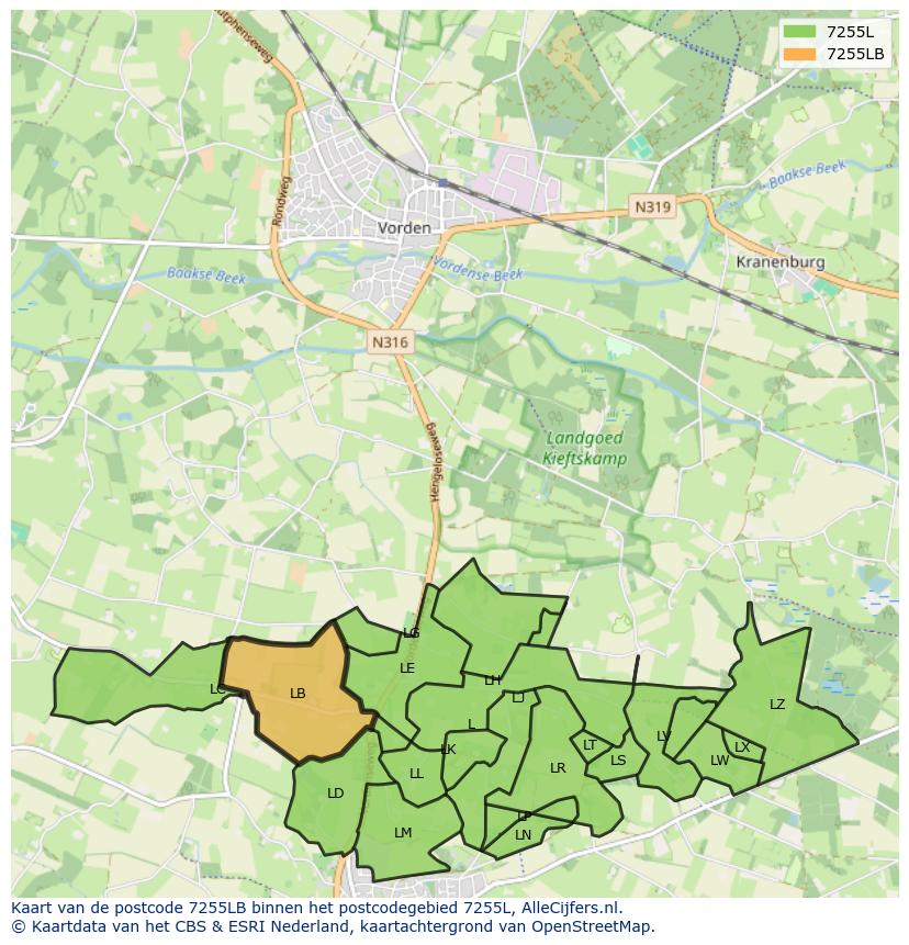 Afbeelding van het postcodegebied 7255 LB op de kaart.