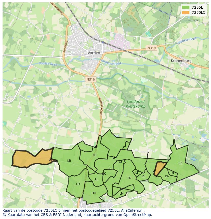 Afbeelding van het postcodegebied 7255 LC op de kaart.