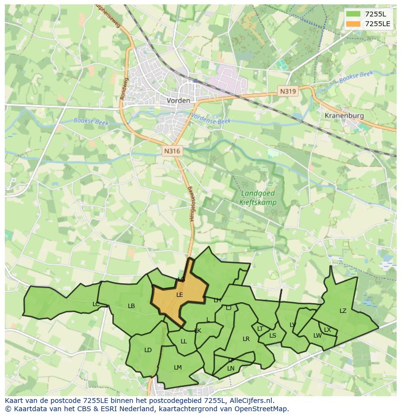 Afbeelding van het postcodegebied 7255 LE op de kaart.