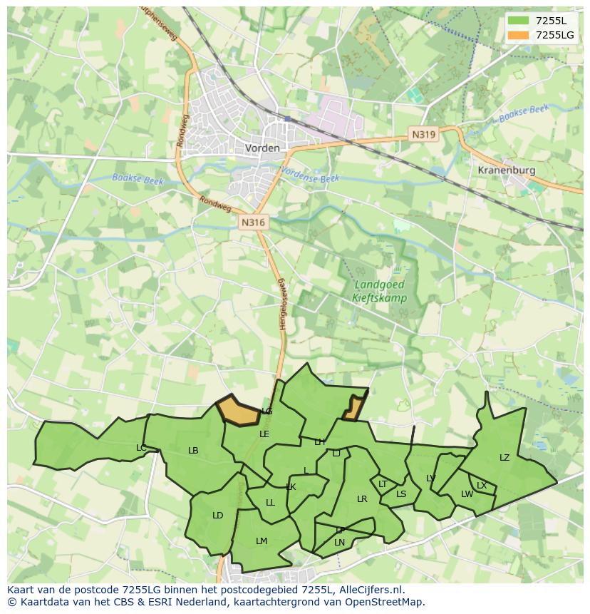 Afbeelding van het postcodegebied 7255 LG op de kaart.