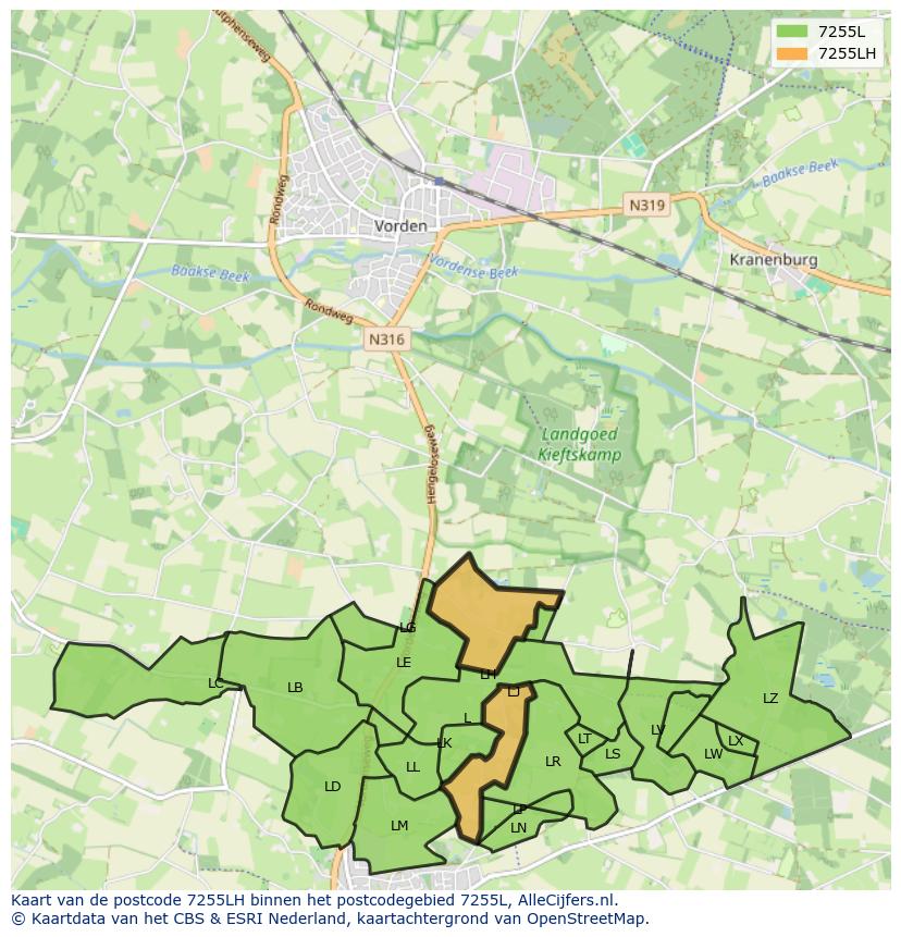 Afbeelding van het postcodegebied 7255 LH op de kaart.
