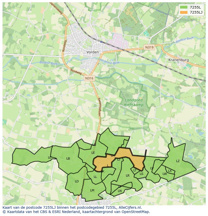Afbeelding van het postcodegebied 7255 LJ op de kaart.