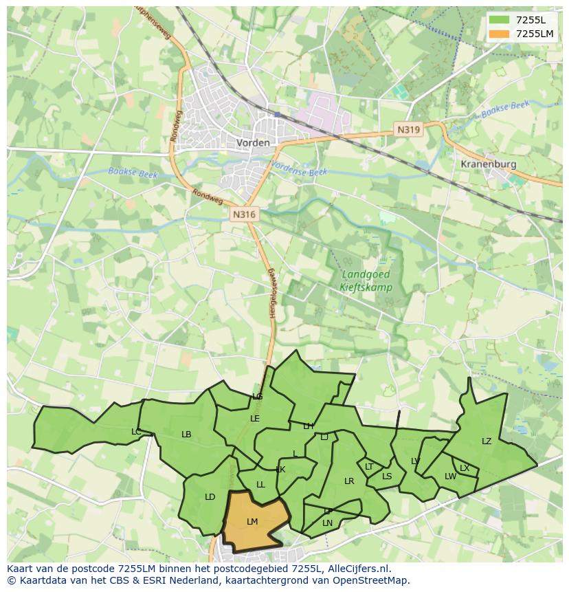 Afbeelding van het postcodegebied 7255 LM op de kaart.
