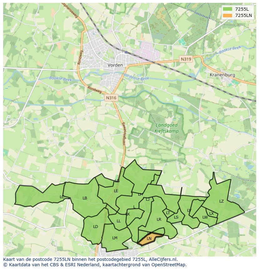 Afbeelding van het postcodegebied 7255 LN op de kaart.