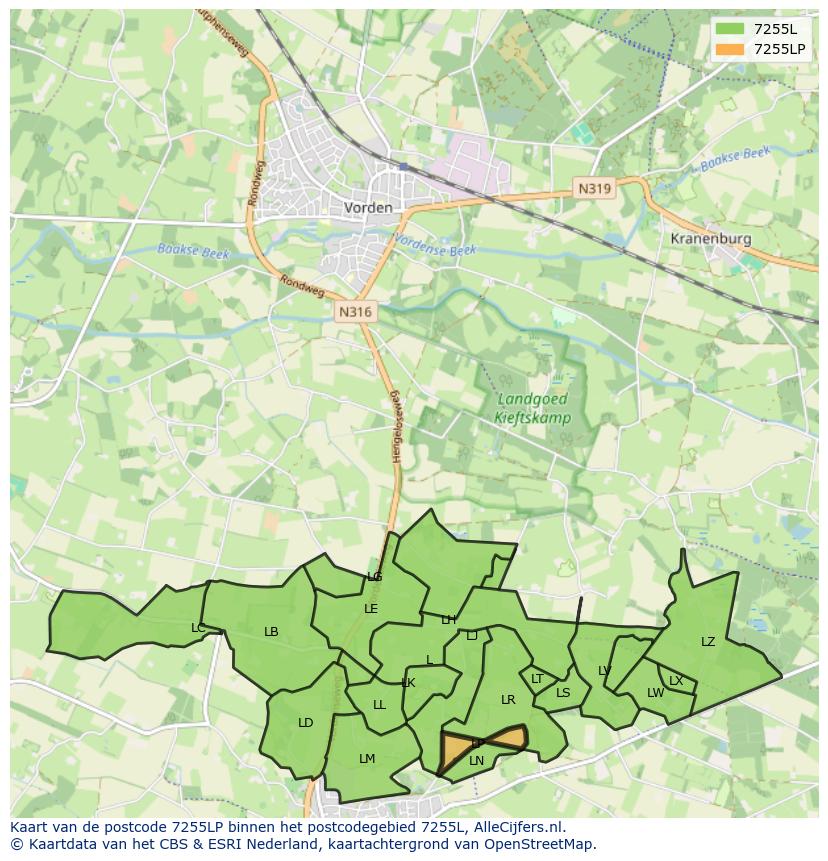 Afbeelding van het postcodegebied 7255 LP op de kaart.