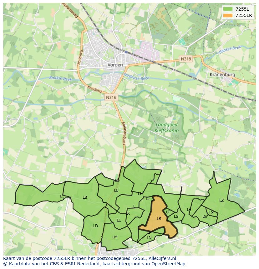 Afbeelding van het postcodegebied 7255 LR op de kaart.