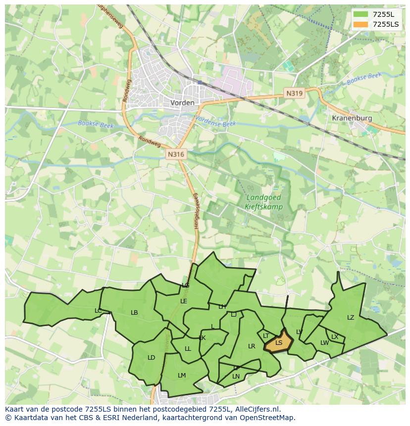 Afbeelding van het postcodegebied 7255 LS op de kaart.