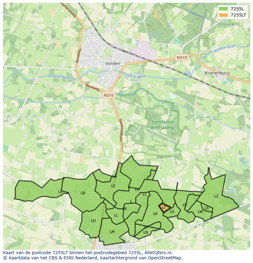 Afbeelding van het postcodegebied 7255 LT op de kaart.