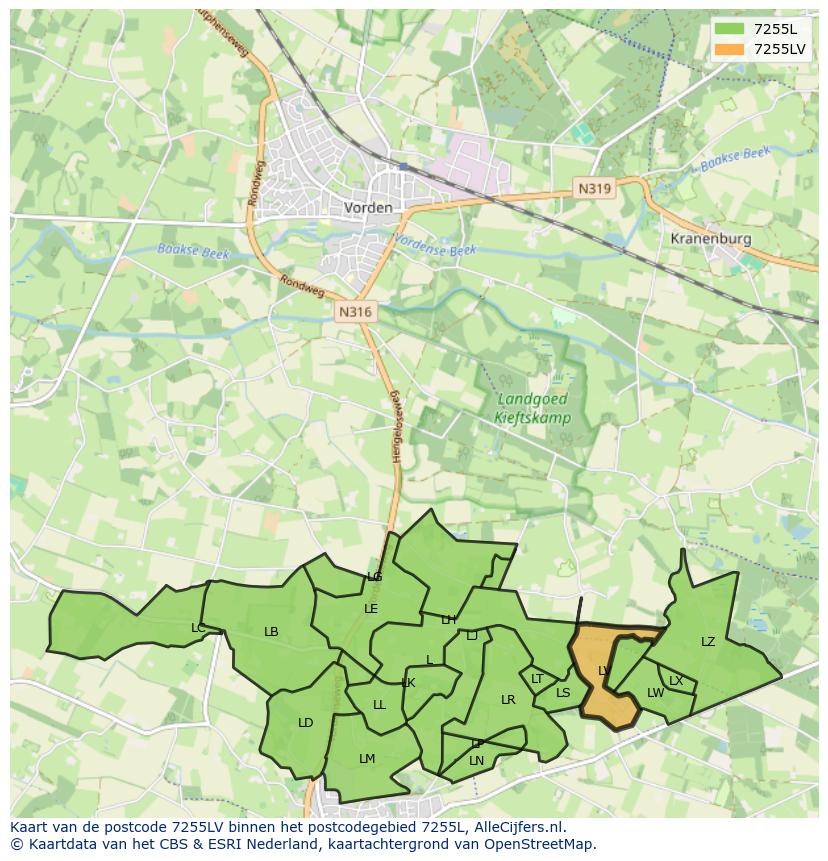 Afbeelding van het postcodegebied 7255 LV op de kaart.